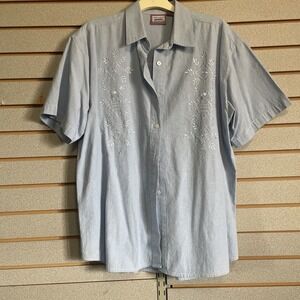 Vintage Premier International Blouse Top Shirt Embroidered Floral Blue Cotton LG